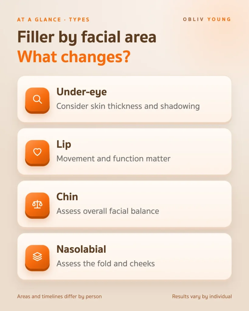 Filler considerations by facial area: under-eye, lip, chin and nasolabial folds