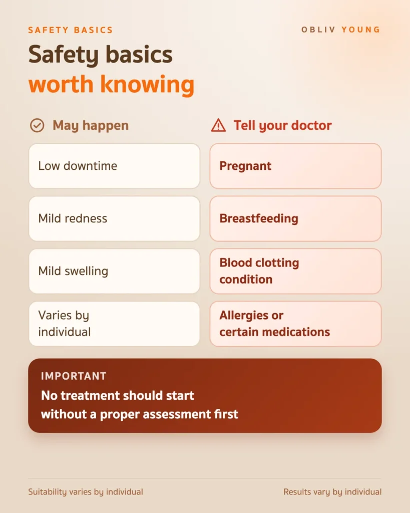Skin booster safety basics: mild effects that may follow injection and who should tell the doctor first, such as pregnancy, breastfeeding or clotting conditions