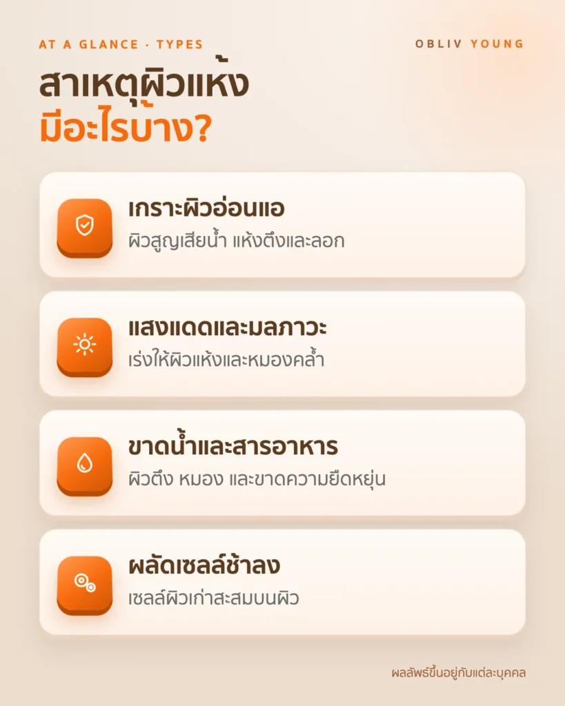 สาเหตุ ผิวแห้ง: เกราะป้องกันผิวอ่อนแอ แสงแดดและมลภาวะ ขาดน้ำ และผลัดเซลล์ช้าลง