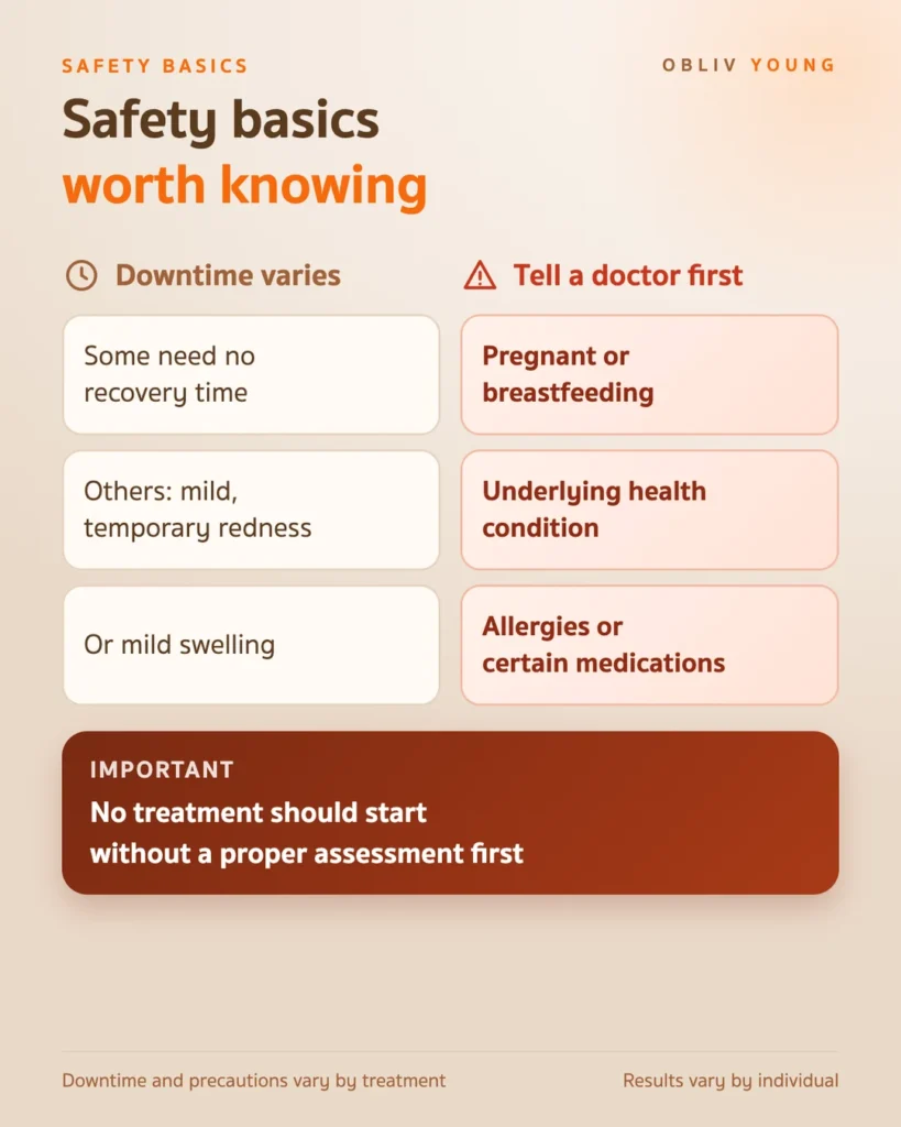 Safety basics for popular aesthetic treatments: downtime varies, mild temporary redness or swelling may occur, and who should tell a doctor first