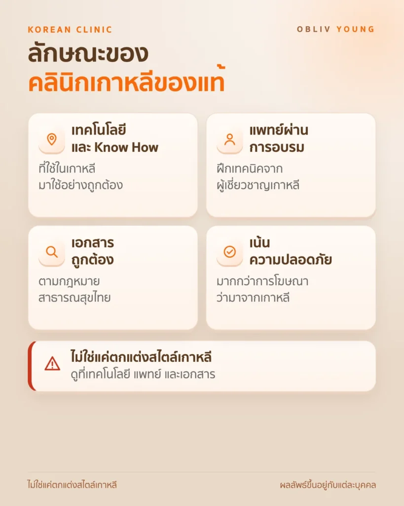 ลักษณะของคลินิกเกาหลีของแท้ในไทย เทคโนโลยีและ Know How จากเกาหลี แพทย์ที่ผ่านการอบรม ผลิตภัณฑ์มีเอกสารถูกต้อง และเน้นความปลอดภัย