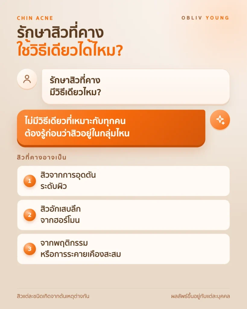 การรักษาสิวที่คางไม่มีวิธีเดียวที่เหมาะกับทุกคน เพราะอาจเป็นสิวอุดตัน สิวอักเสบลึกจากฮอร์โมน หรือจากพฤติกรรมและการระคายเคือง