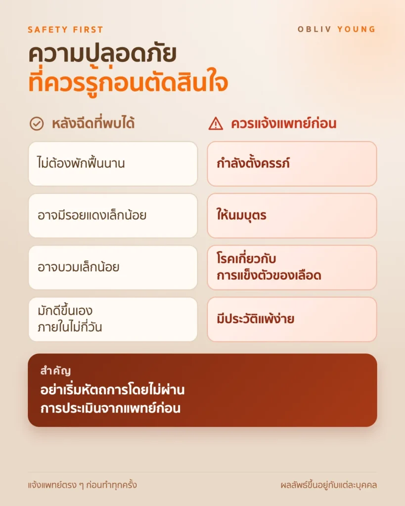ความปลอดภัยของ Skin Booster อาการที่อาจพบหลังฉีด และกลุ่มที่ควรแจ้งแพทย์ก่อน เช่น ตั้งครรภ์ ให้นมบุตร โรคการแข็งตัวของเลือด หรือแพ้ง่าย