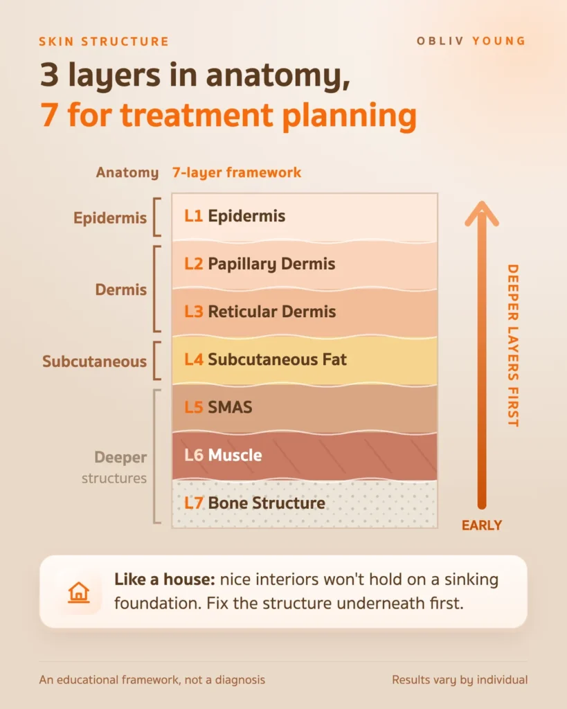 Obliv Young 7-layer skin framework compared with the standard 3 skin layers, from epidermis down to bone, with deeper layers addressed first